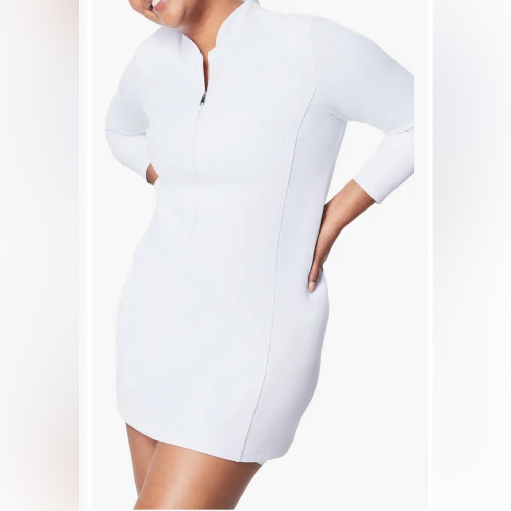 SPANX Contour Rib Long Sleeve Zip Front Dress in Vivid White Long Sleeve Size 1X - Picture 3 of 10